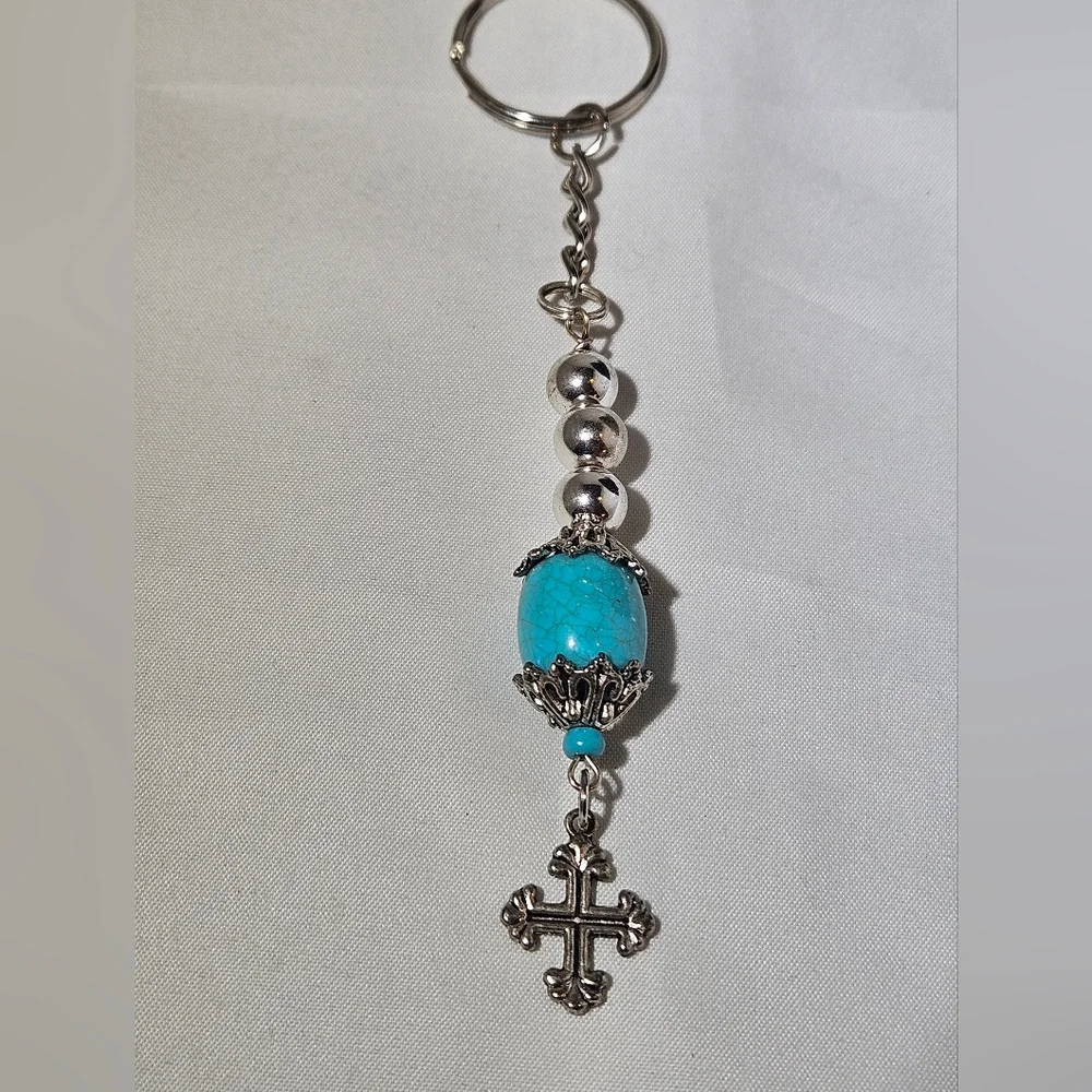 Elegant Turquoise And Silver Cross Keychain Purse Charm